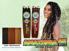 Load image into Gallery viewer, Amazonia 6X 54 inch color 1B/Cinnamon – model and packaging with bottom-left swatch