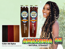 Load image into Gallery viewer, Amazonia 6X 54 inch color 1B/Spice – model and packaging with bottom-left swatch