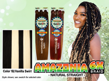 Load image into Gallery viewer, Amazonia 6X 54 inch color 1B/Vanilla Swirl – model and packaging with bottom-left swatch