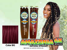 Load image into Gallery viewer, Amazonia 6X 54 inch color BG – model and packaging with bottom-left swatch