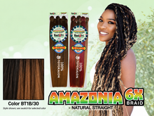 Load image into Gallery viewer, Amazonia 6X 54 inch color BT1B/30 – model and packaging with bottom-left swatch