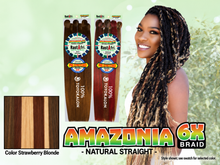 Load image into Gallery viewer, Amazonia 6X 54 inch color Strawberry Blonde – model and packaging with bottom-left swatch