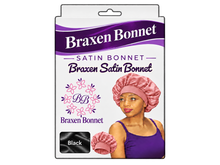 Load image into Gallery viewer, Braxen Satin Bonnet – Black – pink model bonnet, white color label in fabric window