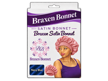Load image into Gallery viewer, Braxen Satin Bonnet – Navy Blue – pink model bonnet, white color label in fabric window