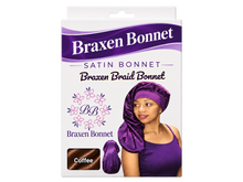 Load image into Gallery viewer, Braxen XL Braid Bonnet – Coffee – refreshed packaging with white color label in fabric window