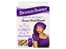 Load image into Gallery viewer, Braxen XL Braid Bonnet – Gold – refreshed packaging with white color label in fabric window