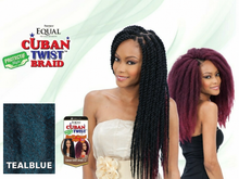 Load image into Gallery viewer, Cuban Twist 16" color TEALBLUE: style, package and matching swatch