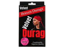 Load image into Gallery viewer, Braxen Velvet Durag package – Hot Pink, color shown in viewing window, transparent background