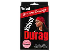 Load image into Gallery viewer, Braxen Velvet Durag package – Light Pink, color shown in viewing window, transparent background