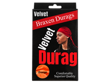 Load image into Gallery viewer, Braxen Velvet Durag package – Orange, color shown in viewing window, transparent background