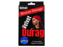 Load image into Gallery viewer, Braxen Velvet Durag package – Royal Blue, color shown in viewing window, transparent background