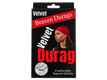 Load image into Gallery viewer, Braxen Velvet Durag package – Silver, color shown in viewing window, transparent background