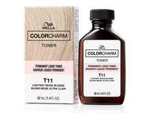 Load image into Gallery viewer, Wella Color Charm T11 Lightest Beige Blonde Permanent Liquid Hair Toner 1.4 fl oz, bottle and box