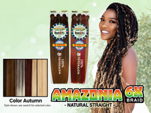 Load image into Gallery viewer, Amazonia 6X 54 inch color Autumn – model and packaging with bottom-left swatch
