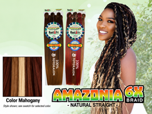 Load image into Gallery viewer, Amazonia 6X 54 inch color Mahogany – model and packaging with bottom-left swatch
