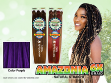 Load image into Gallery viewer, Amazonia 6X 54 inch color Purple – model and packaging with bottom-left swatch
