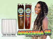 Load image into Gallery viewer, Amazonia 6X 54 inch color Snow White – model and packaging with bottom-left swatch
