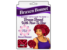 Load image into Gallery viewer, Braxen Bonnet With Hair Tie Bow – Red fabric window – burgundy bonnet model with tied bow

