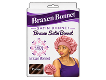 Load image into Gallery viewer, Braxen Satin Bonnet – Coffee – pink model bonnet, white color label in fabric window
