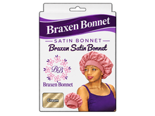 Load image into Gallery viewer, Braxen Satin Bonnet – Cream – pink model bonnet, white color label in fabric window
