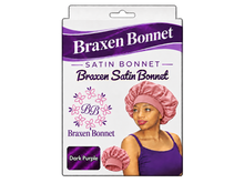 Load image into Gallery viewer, Braxen Satin Bonnet – Dark Purple – pink model bonnet, white color label in fabric window
