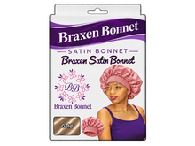 Load image into Gallery viewer, Braxen Satin Bonnet – Gold – pink model bonnet, white color label in fabric window

