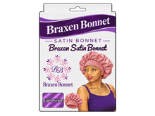 Load image into Gallery viewer, Braxen Satin Bonnet – Light Purple – pink model bonnet, white color label in fabric window
