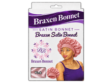 Load image into Gallery viewer, Braxen Satin Bonnet – Pink – pink model bonnet, white color label in fabric window
