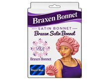 Load image into Gallery viewer, Braxen Satin Bonnet – Royal Blue – pink model bonnet, white color label in fabric window
