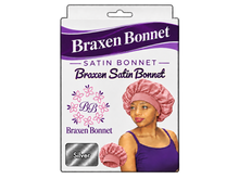 Load image into Gallery viewer, Braxen Satin Bonnet – Silver – pink model bonnet, white color label in fabric window
