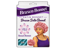 Load image into Gallery viewer, Braxen Satin Bonnet – Teal – pink model bonnet, white color label in fabric window
