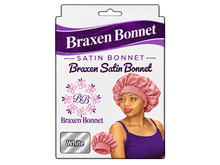 Load image into Gallery viewer, Braxen Satin Bonnet – White – pink model bonnet, white color label in fabric window
