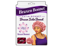 Load image into Gallery viewer, Braxen Satin Bonnet – Wine – pink model bonnet, white color label in fabric window
