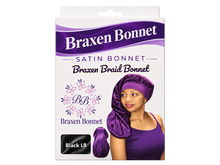 Load image into Gallery viewer, Braxen XL Braid Bonnet – Black LB – refreshed packaging with white color label in fabric window
