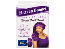Load image into Gallery viewer, Braxen XL Braid Bonnet – Blue – refreshed packaging with white color label in fabric window
