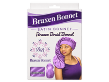 Load image into Gallery viewer, Braxen XL Braid Bonnet – Light Purple – refreshed packaging with white color label in fabric window
