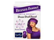 Load image into Gallery viewer, Braxen XL Braid Bonnet – Navy Blue – refreshed packaging with white color label in fabric window

