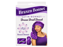 Load image into Gallery viewer, Braxen XL Braid Bonnet – Purple – refreshed packaging with white color label in fabric window
