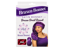 Load image into Gallery viewer, Braxen XL Braid Bonnet – Red – refreshed packaging with white color label in fabric window
