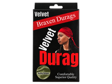 Load image into Gallery viewer, Braxen Velvet Durag package – Army Green, color shown in viewing window, transparent background
