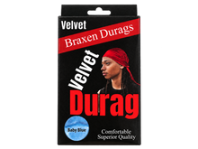 Load image into Gallery viewer, Braxen Velvet Durag package – Baby Blue, color shown in viewing window, transparent background
