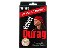Load image into Gallery viewer, Braxen Velvet Durag package – Beige, color shown in viewing window, transparent background
