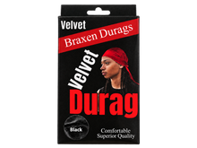 Load image into Gallery viewer, Braxen Velvet Durag package – Black, color shown in viewing window, transparent background

