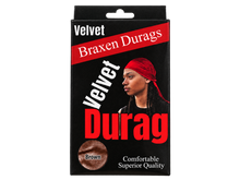 Load image into Gallery viewer, Braxen Velvet Durag package – Brown, color shown in viewing window, transparent background

