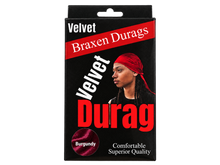 Load image into Gallery viewer, Braxen Velvet Durag package – Burgundy, color shown in viewing window, transparent background
