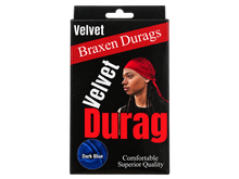 Load image into Gallery viewer, Braxen Velvet Durag package – Dark Blue, color shown in viewing window, transparent background
