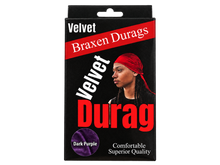 Load image into Gallery viewer, Braxen Velvet Durag package – Dark Purple, color shown in viewing window, transparent background
