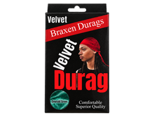 Load image into Gallery viewer, Braxen Velvet Durag package – Emerald Green, color shown in viewing window, transparent background

