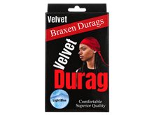 Load image into Gallery viewer, Braxen Velvet Durag package – Light Blue, color shown in viewing window, transparent background
