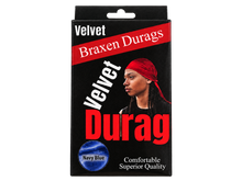 Load image into Gallery viewer, Braxen Velvet Durag package – Navy Blue, color shown in viewing window, transparent background

